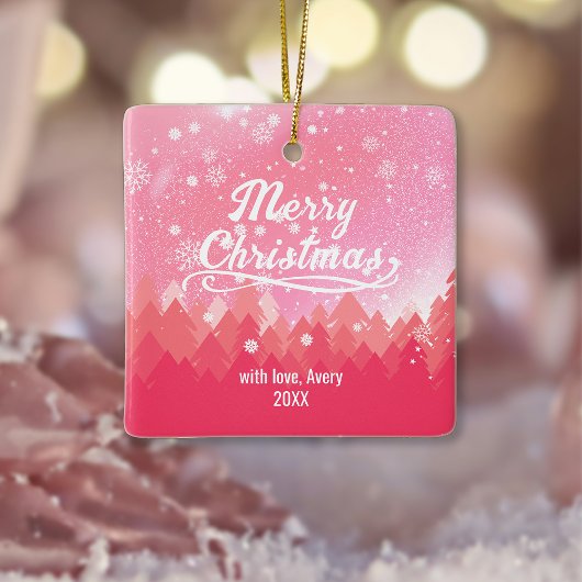 Aangepaste roze sneeuwbos Merry-kerstFeestdagen Keramisch Ornament