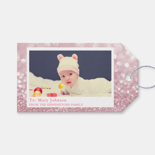 Aangepaste Roze Sparkly Baby Foto Cadeaulabel (Voorkant (Horizontaal))