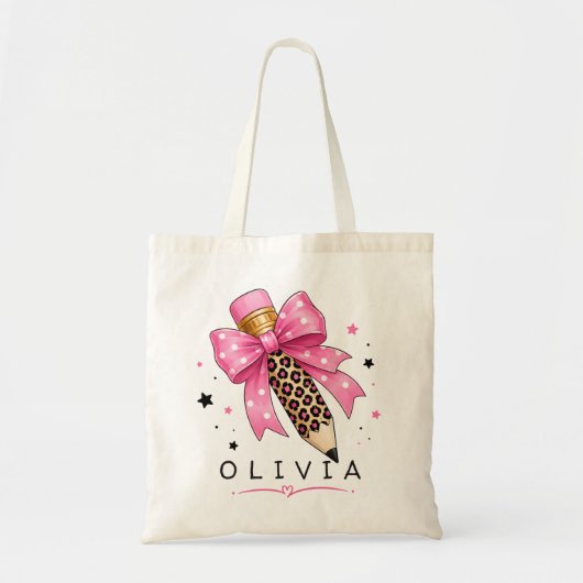 Aangepaste Roze Stipsluis Strik Luipaard Potlood L Tote Bag (Voorkant)