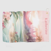 Aangepaste Roze Tropische Strand Naam Golfhanddoek (Horizontaal)