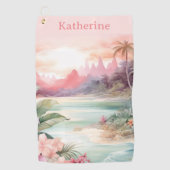 Aangepaste Roze Tropische Strand Naam Golfhanddoek (Voorkant)