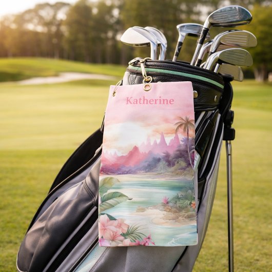 Aangepaste Roze Tropische Strand Naam Golfhanddoek
