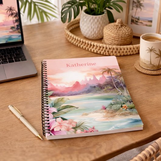 Aangepaste Roze Tropische Strand Naam Notitieboek