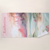 Aangepaste Roze Tropische Strand Naam Strandlaken (Voorkant)