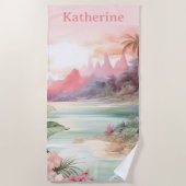 Aangepaste Roze Tropische Strand Naam Strandlaken (Voorkant)