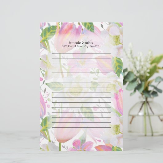 Aangepaste roze tulpen en groene bladeren briefpapier (Staand voorkant)