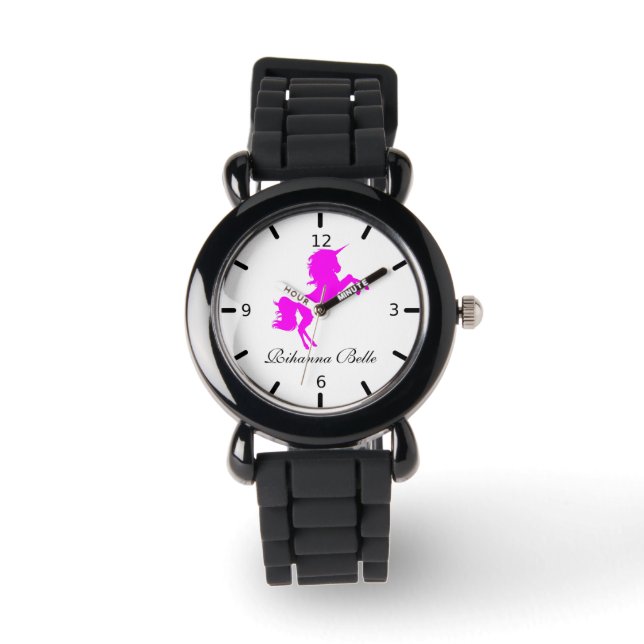 Aangepaste roze Unicorn Horloge (Voorkant)