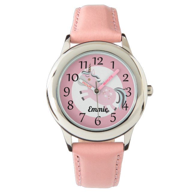 Aangepaste roze Unicorn sterren Horloge (Voorkant)