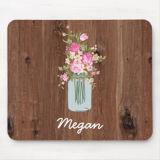 Aangepaste roze ventilator Mason Jar op rood hout Muismat (Voorkant)