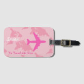Aangepaste roze vliegtuig reizen girly bagagelabel (Voorkant (horizontaal))
