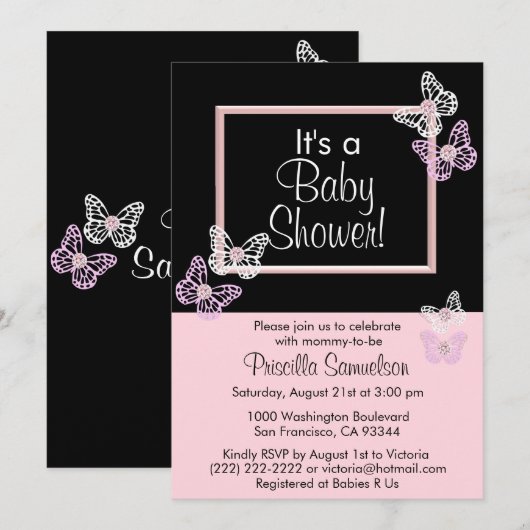 Aangepaste Roze Vlinder Baby Douche Uitnodigingen  (Voorkant / Achterkant)
