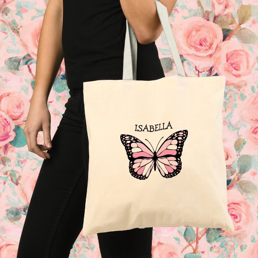 Aangepaste roze vlinder tote bag