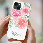 Aangepaste roze Waterverf Case-Mate iPhone Case<br><div class="desc">Deze telefoonbehuizing is versierd met een waterverf van rozen en bladeren in tinten roze, koraal en groen. Een tekst sjabloon is inbegrepen om dit ontwerp met jouw naam of monogram te personaliseren die dit telefoongeval uniek maken aan u. Omdat we ons eigen kunstwerk creëer, zal je dit exacte afbeelding niet...</div>