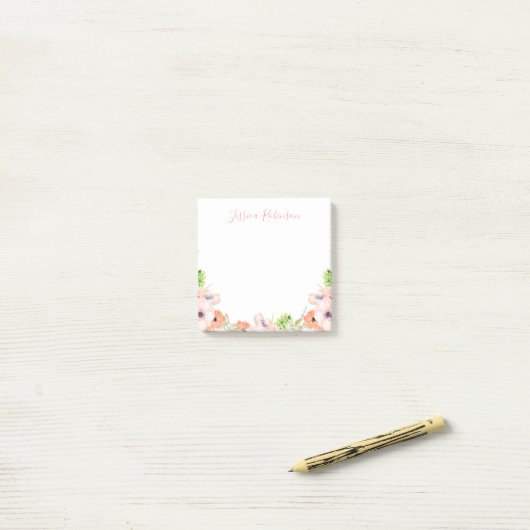 Aangepaste roze Waterverf Floral Boho Post-it® Notes (Op bureau)