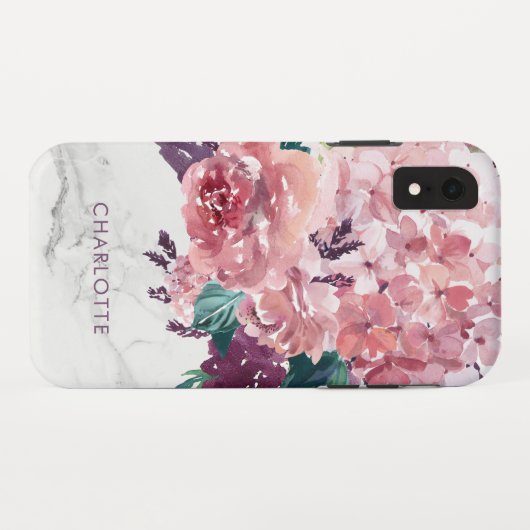 Aangepaste  roze Waterverf Floral Marble Case-Mate iPhone Case (Achterkant (horizontaal))