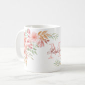 Aangepaste roze Waterverf Floral Monogram Naam Koffiemok (Voorkant links)