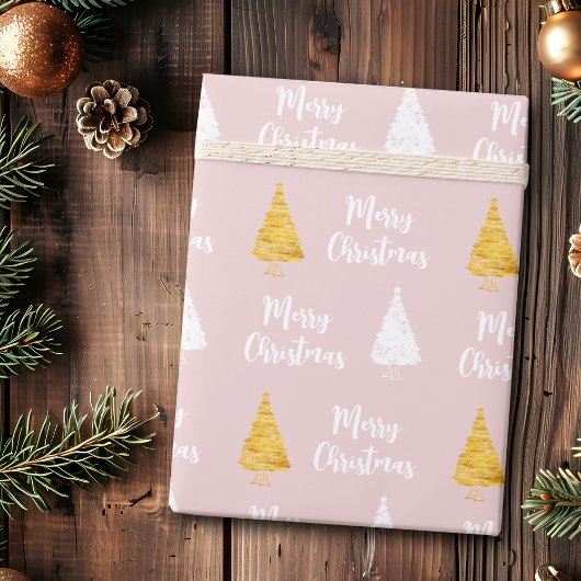 Aangepaste Roze Witte Gouden Kerstboom Cadeaupapier