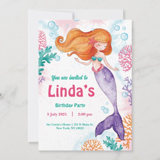 Aangepaste roze zeemeermin Party Verjaardag Uitnod Feestdagenkaart (Voorkant)