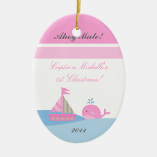 Aangepaste roze zeilboot walvis keramisch ornament