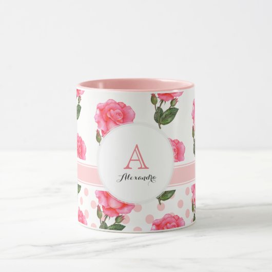 Aangepaste Rozen Polka Dot Monogram Cirkel Mok (Midden)