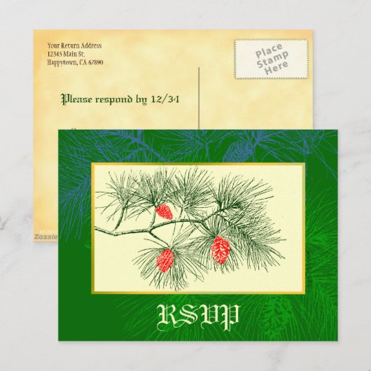 Aangepaste RSVP Holiday Green Pine Briefkaart (Voorkant / Achterkant)