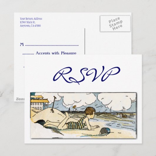 Aangepaste RSVP Kind op het strand  Kunst Briefkaa Uitnodiging Briefkaart (Voorkant / Achterkant)