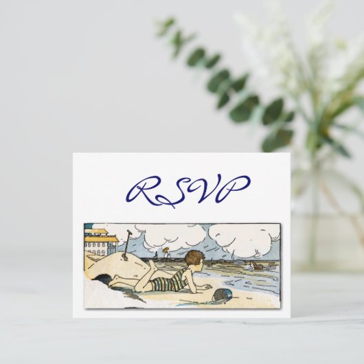 Aangepaste RSVP Kind op het strand  Kunst Briefkaa Uitnodiging Briefkaart (Staand voorkant)