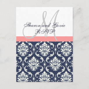 Aangepaste RSVP Navy Damask Wedding Briefkaart