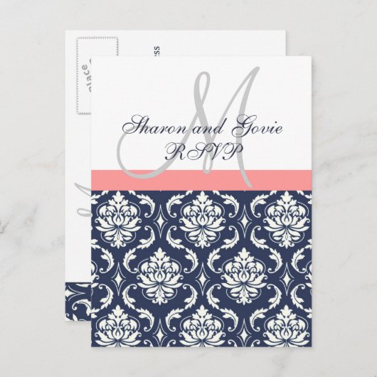 Aangepaste RSVP Navy Damask Wedding Briefkaart (Voorkant / Achterkant)