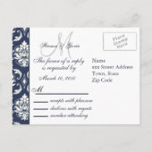 Aangepaste RSVP Navy Damask Wedding Briefkaart (Achterkant)