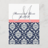 Aangepaste RSVP Navy Damask Wedding Briefkaart (Voorkant)