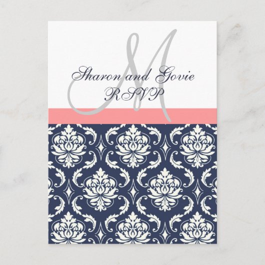 Aangepaste RSVP Navy Damask Wedding Briefkaart (Voorkant)