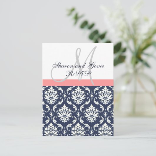 Aangepaste RSVP Navy Damask Wedding Briefkaart (Staand voorkant)