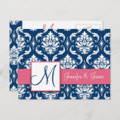 Aangepaste RSVP Roze Navy Damask Wedding Briefkaar Uitnodiging Briefkaart (Voorkant / Achterkant)