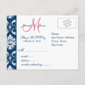 Aangepaste RSVP Roze Navy Damask Wedding Briefkaar Uitnodiging Briefkaart (Achterkant)