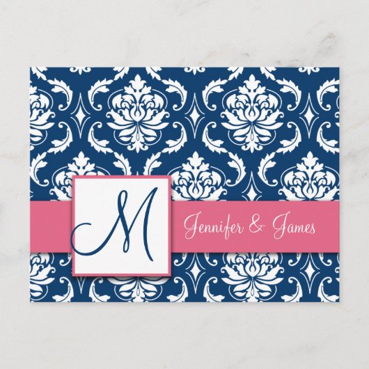 Aangepaste RSVP Roze Navy Damask Wedding Briefkaar Uitnodiging Briefkaart (Voorkant)