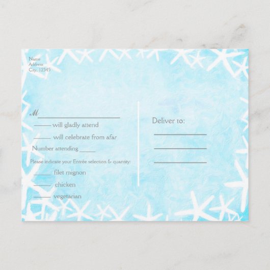 Aangepaste RSVP van gekleurde Starfish Aqua Blue P Uitnodiging Briefkaart (Achterkant)