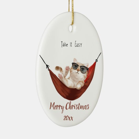 Aangepaste Rust Ontspanning Kerstmis Kat Keramisch Ornament (Rechts)