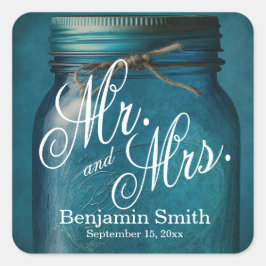 Aangepaste Rustic Blue Glass Mason Jar Wedding Vierkante Sticker