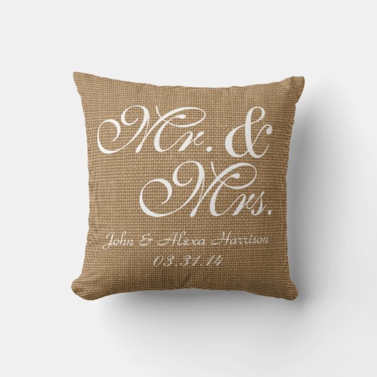 Aangepaste Rustic Burlap-look Wedding Pillow Kussen (Voorkant)