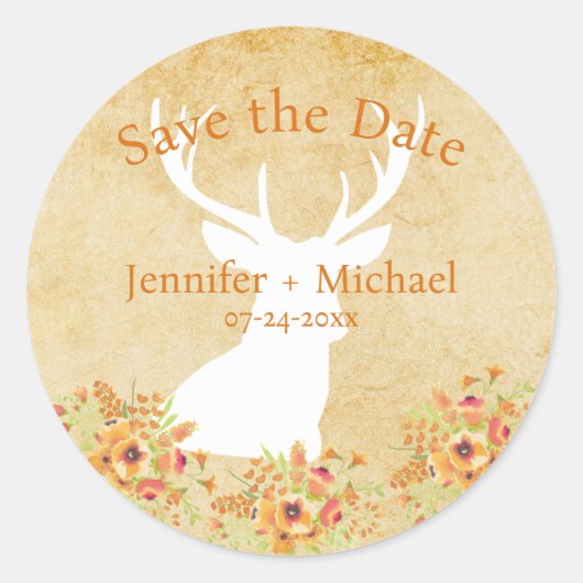 Aangepaste Rustic Deer Bouquet Save the Date Ronde Sticker (Voorkant)