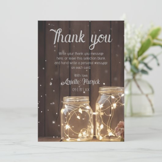 Aangepaste Rustic Wedding Wood Barn Lighting Mason Bedankkaart (Staand voorkant)