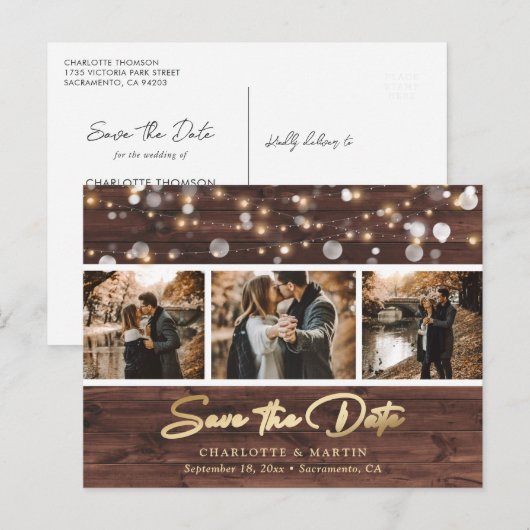 Aangepaste Rustic Wood Wedding 3 Foto sparen de da Aankondigingskaart (Voorkant / Achterkant)