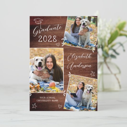 Aangepaste rustieke Afstuderen 3 foto Doodle Afstu Kaart (Staand voorkant)