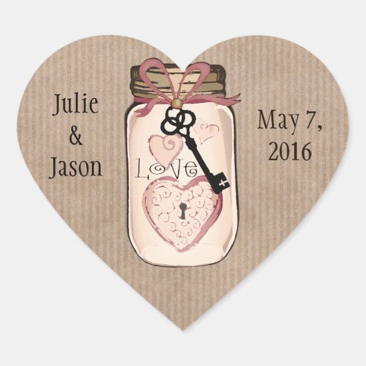 Aangepaste rustieke bruiloft Mason Jar Heart Stick Hart Sticker (Voorkant)