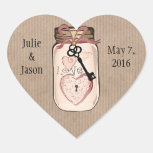Aangepaste rustieke bruiloft Mason Jar Heart Stick Hart Sticker
