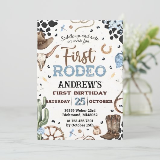 Aangepaste Rustieke Cowboy 1e Rodeo verjaardag Kaart (Staand voorkant)