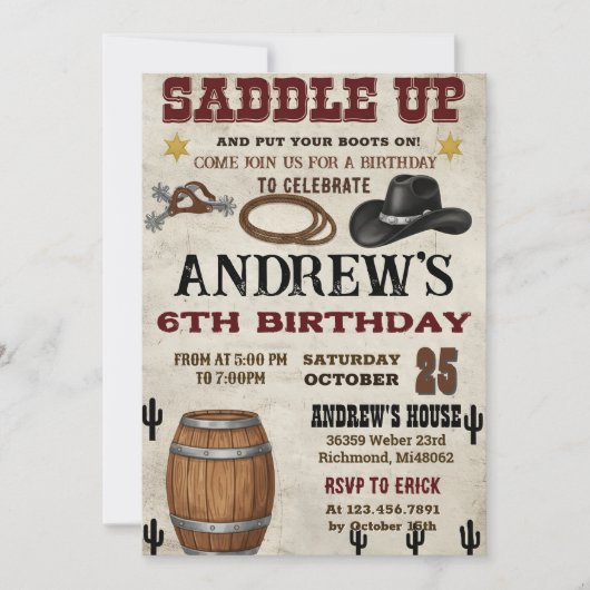 Aangepaste Rustieke Cowboy Western Verjaardagsfees Kaart (Voorkant)