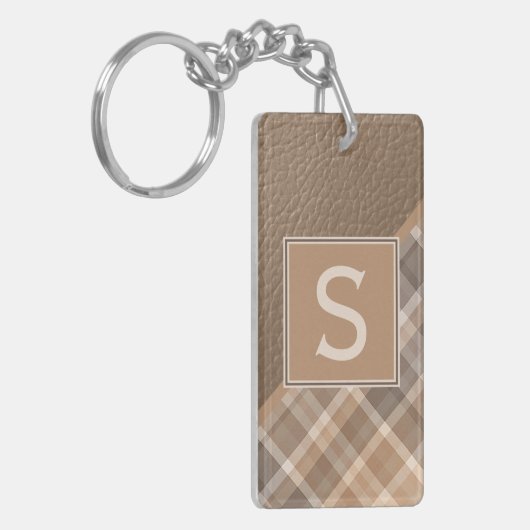 Aangepaste rustieke donkerbruin bruin beige geruit sleutelhanger (Voorkant Links)