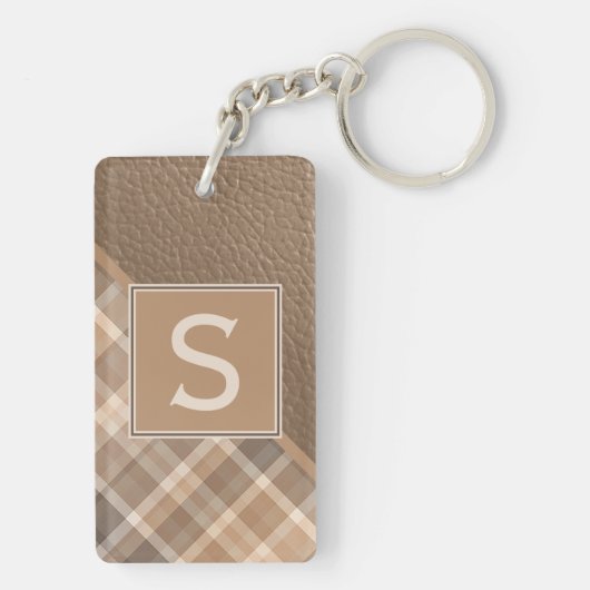 Aangepaste rustieke donkerbruin bruin beige geruit sleutelhanger (achterkant)